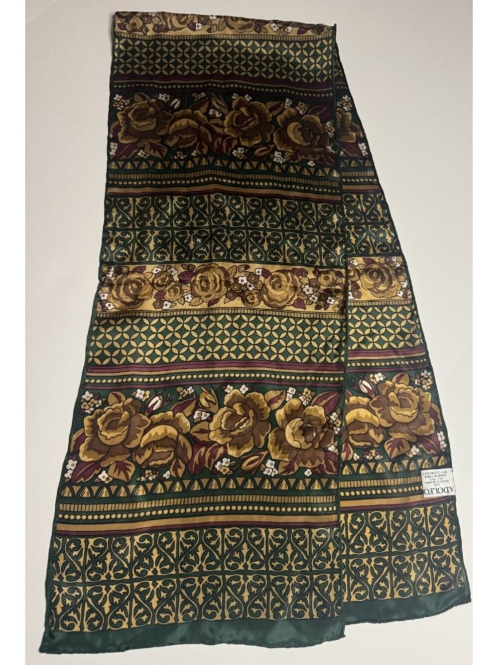 Vintage Adolfo 100% Silk Scarf Baar & Beards Logo Signed Rectangle Ornate Green